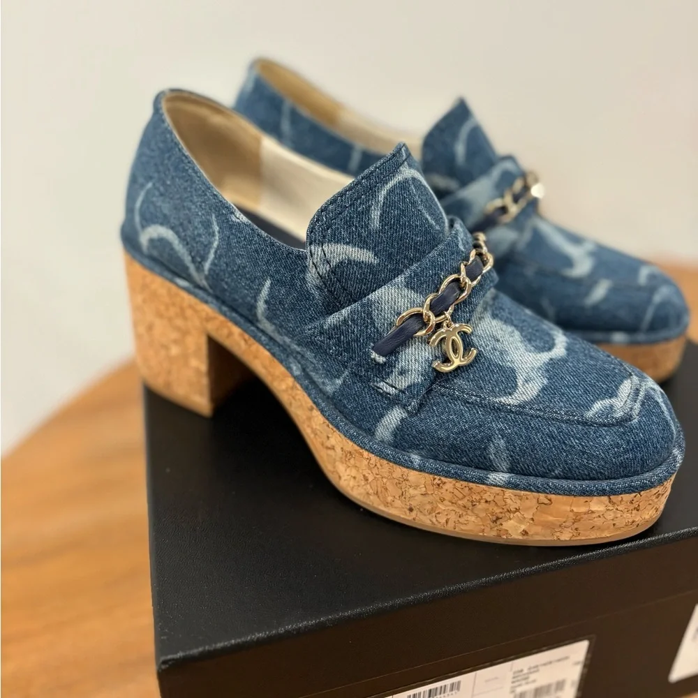 Chanel Denim Cork Loafer Denim Shoes Platform - Picture 5 of 10